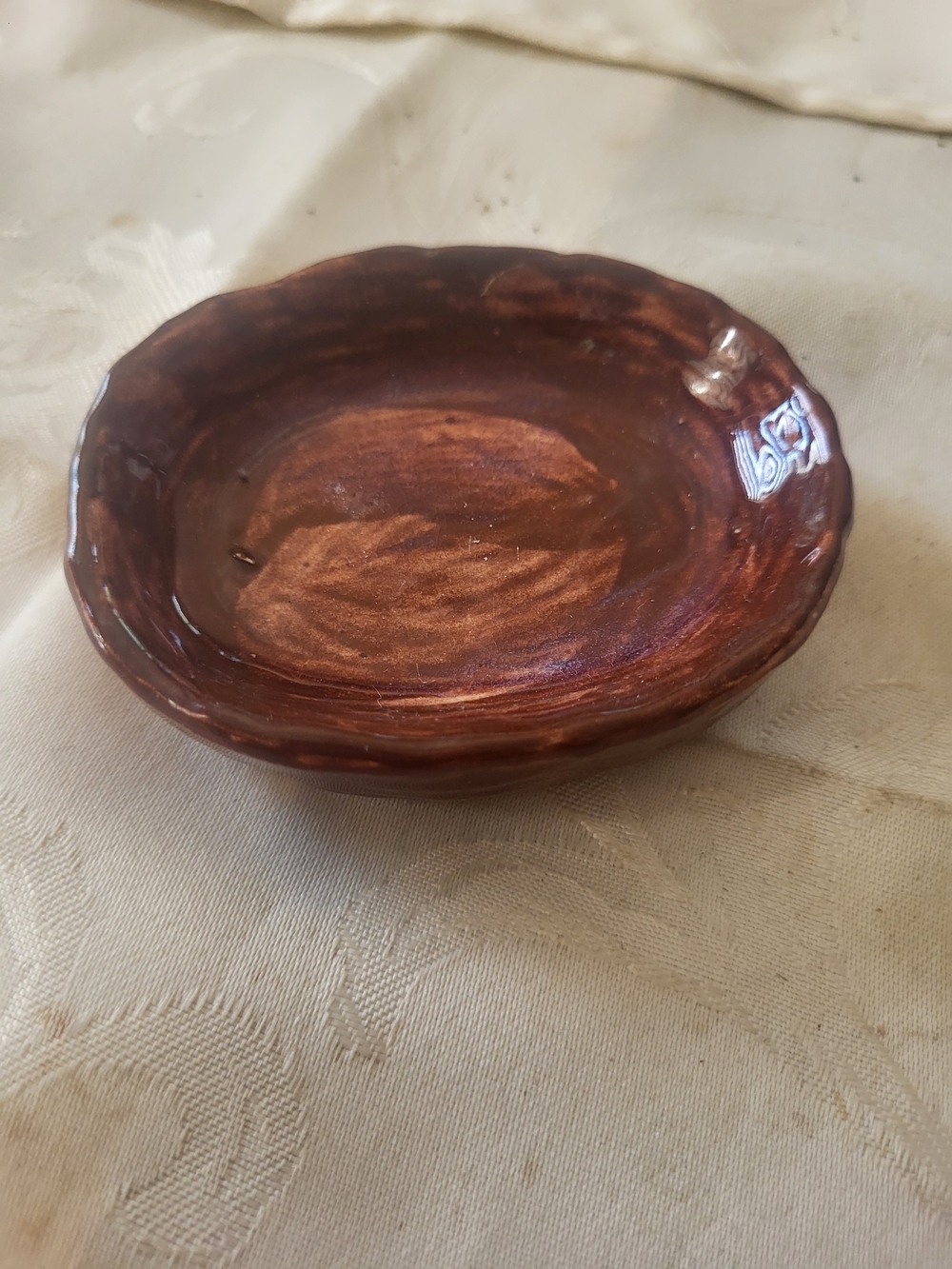Vintage Brown Glazed Pottery Trinket Dish Bowl Made in occupied Japan 1945-1952